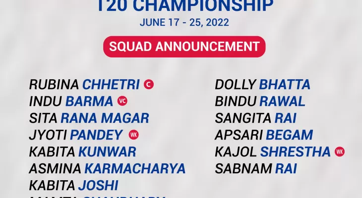 एसिसी महिला टी २० च्याम्पियनसिपको लागि राष्ट्रिय क्रिकेट टोली घोषणा