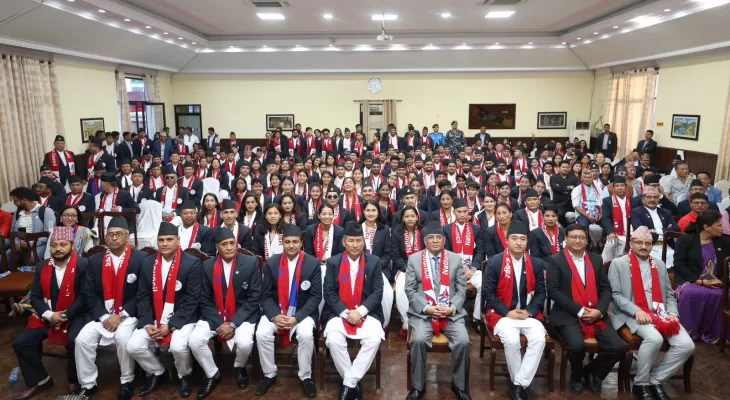 Players for the 19th Asian Games are greeted by PM Dahal